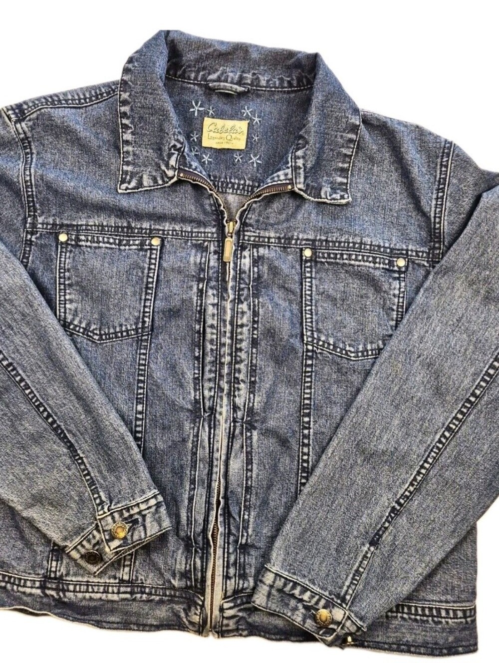 VTG Cabelas Womens Sz XL Blue Denim Zip-Front Jacket Inseam Pockets USA Sku759